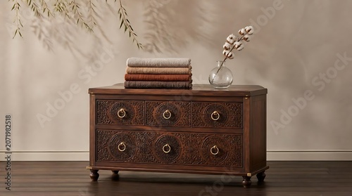 Antique Wooden Dresser with Stacked Books and Decorative Object.