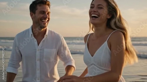 Couple running barefoot along the shoreline at sunset, joyful expressions, cinematic slow motion.