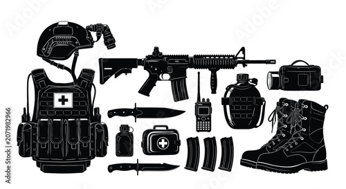 Cuadro en lienzo Military Equipment Collection In Black Silhouette assault