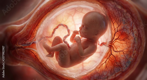 3D medical illustration of a human fetus in the womb, showing umbilical cord and uterine blood vessels, highlighting prenatal development and reproductive anatomy.