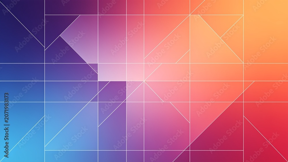 Obraz premium Abstract geometric background featuring a vibrant gradient from blue to orange with intersecting white lines forming a complex grid pattern.