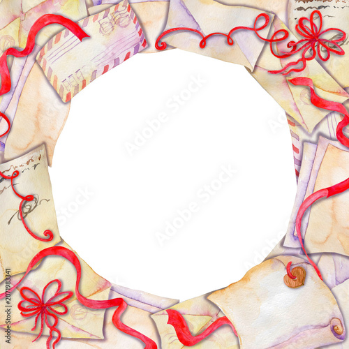 Fotografi Envelopes, red decorative ribbons and strings with bows, sheets of letter-writin
