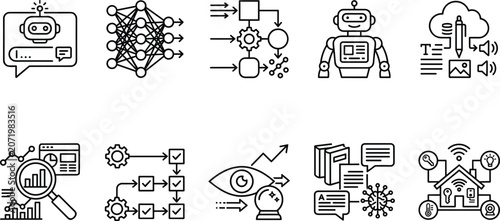 Black technology icons bundle with data science analytics automated processing flowcharts robot design and computer vision elements