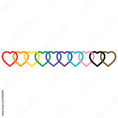 Interlocking rainbow heart outline border vector with colorful linked love symbols on light background.
