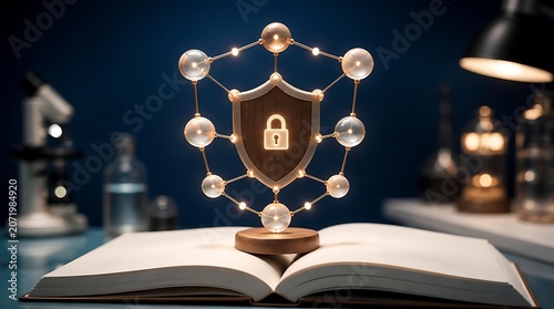 Digital Security Shield Symbol Over Open Book in Laboratory Setting.
