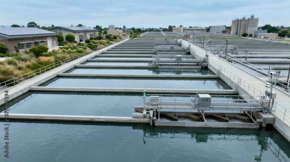 Naklejka premium Sewage treatment plant with large concrete water sedimentation tanks. Wastewater purification facility for industrial and municipal water filtering and sustainable environmental protection.