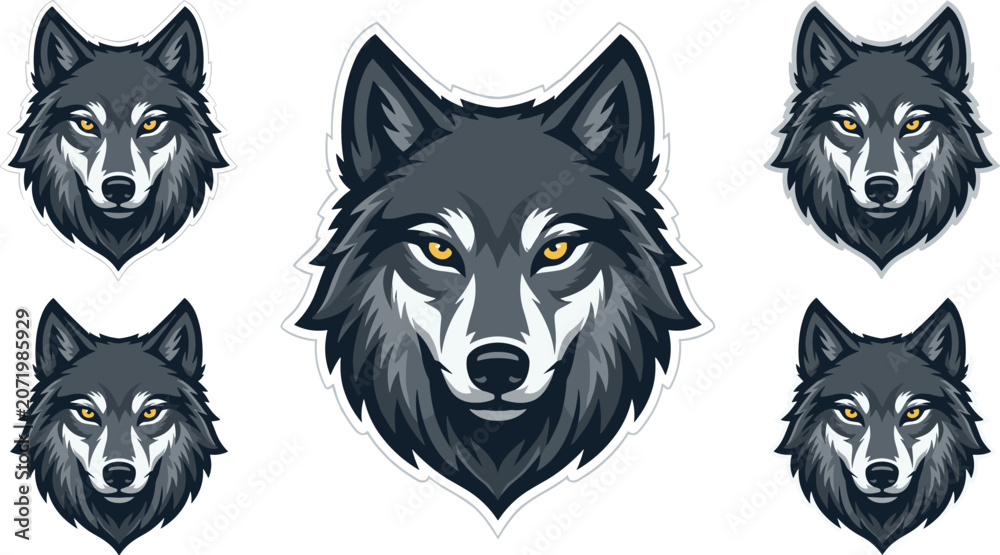 Fototapeta premium Wolf head mascot logo sticker set featuring aggressive grey wolf face with glowing yellow eyes isolated on white background for esports team,