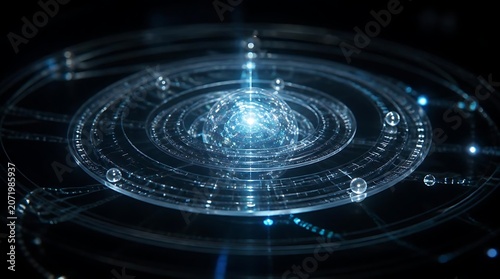 Futuristic Digital Galaxy Core with Orbiting Elements.