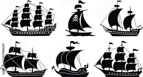 Bilde på lerret Sailing ship silhouette set nautical vector icon