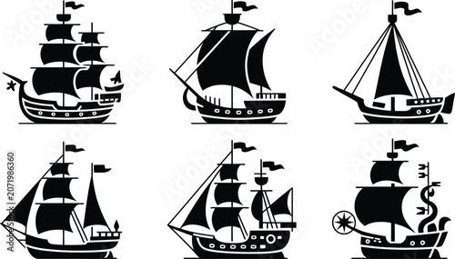 Quadro em tela Sailing ship silhouette set nautical vector icon