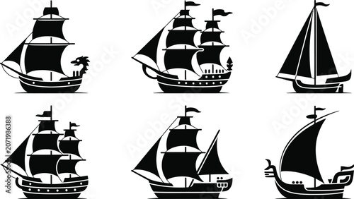 Fotografia Sailing ship silhouette set nautical vector icon