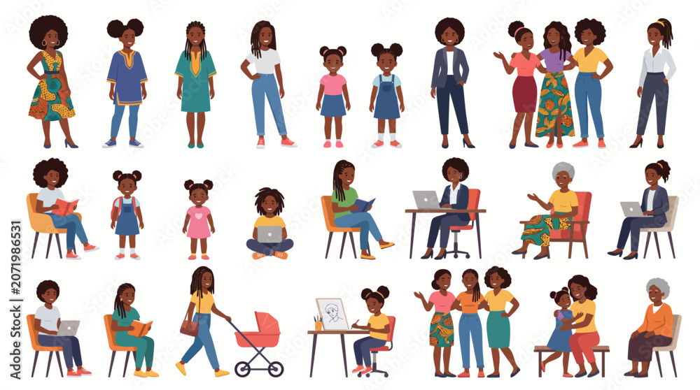 Fototapeta premium A comprehensive collection of diverse Black women and girls of all ages engaged in various daily activities and life stages.