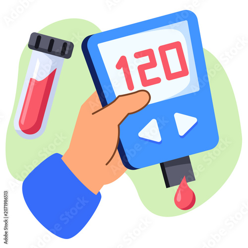 Blood glucose monitoring flat illustration with glucometer and test strip for diabetes management