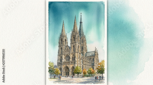 St. Vitus Cathedral in Prague, Czech Republic – Watercolor Illustration in a Serene Environment