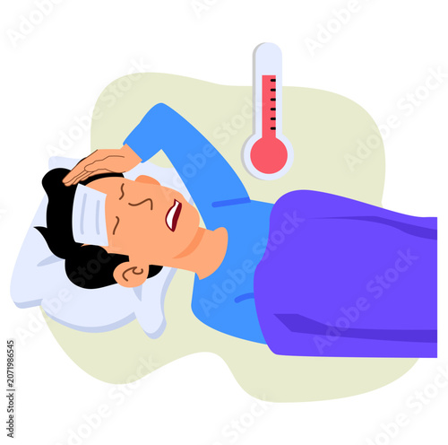 Person with fever resting in bed flat illustration for illness and healthcare awareness