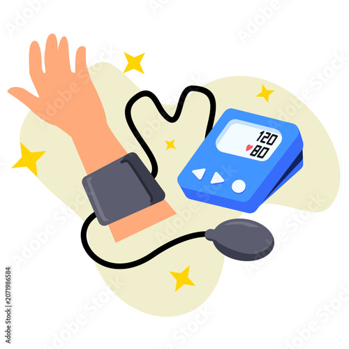 Blood pressure monitoring flat illustration with sphygmomanometer and digital health measurement