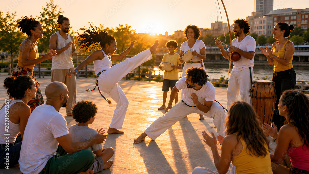 Fototapeta premium People practicing capoeira outdoors at sunset
