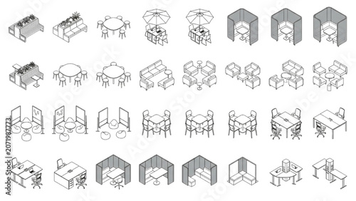 Outdoor Workspace Furniture CAD Blocks Vector Set for Office and Collaborative Space Design