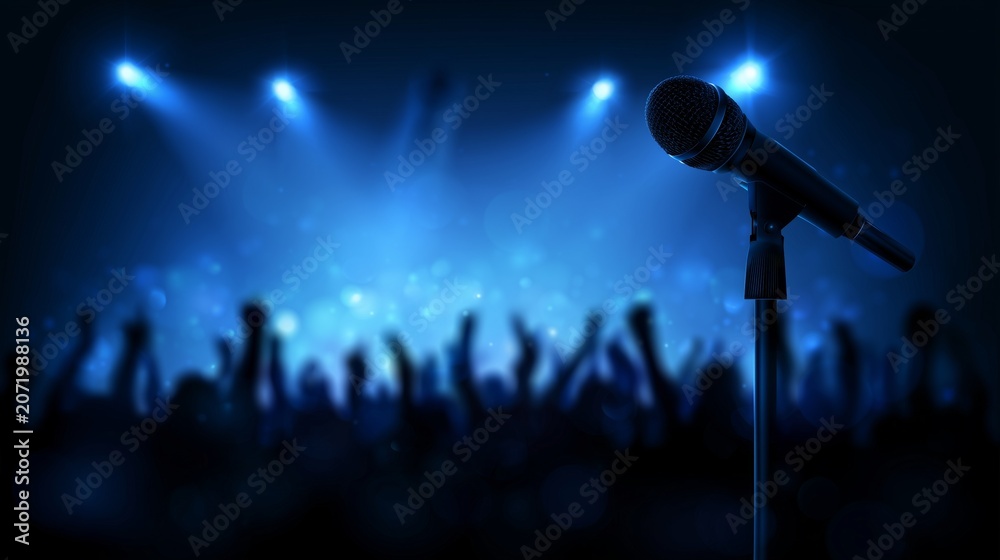 Obraz premium A microphone with blurred people silhouettes stand with raised hands, orange spotlight on the stage, concert atmosphere, dramatic lighting, silhouettes, music event poster design, entertainment