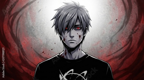 Anime boy with red eyes and blood stains