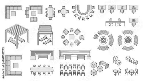 Rooftop Furniture CAD Blocks Vector Set with Lounge Seating and Outdoor Design Symbols