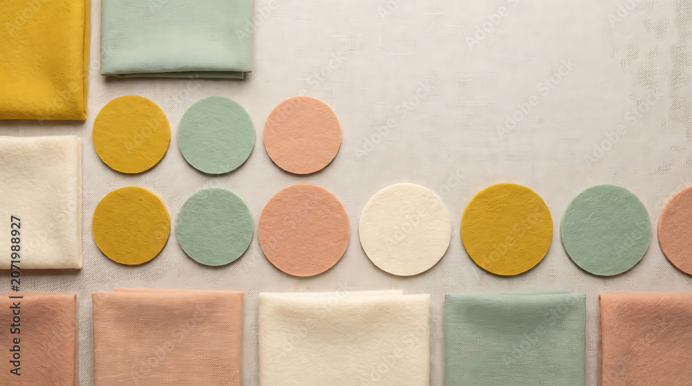 Fototapeta premium Felt circles and folded fabric squares in muted earth tones