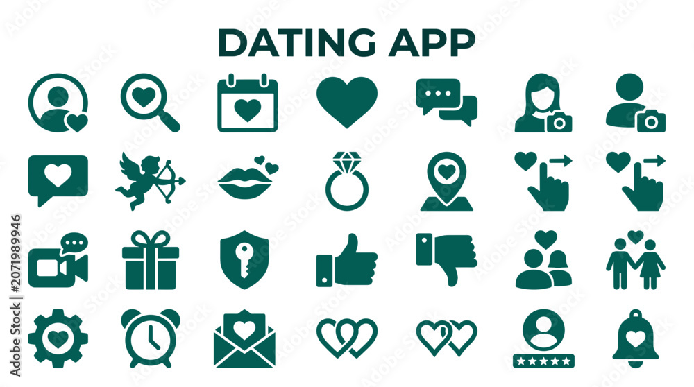 Fototapeta premium Collection of dating app icons and symbols illustrating online matchmaking love connection and relationship building