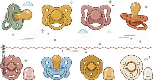 Schilderij op canvas Baby Pacifier Collection with Colorful Soothers Dummy Nipples and Infant Care Ac