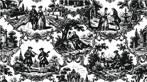 Принти на полотні Elegant 18th-century garden scene depicted in a detailed black and white engravi