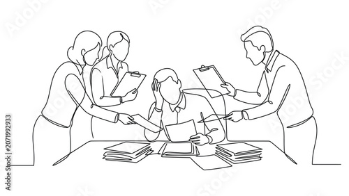 Continuous line drawing of a stressed office worker surrounded by colleagues