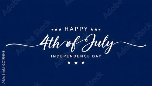 A festive Independence Day graphic featuring elegant white script text on a deep blue background, decorated with stars for a patriotic holiday celebration.
