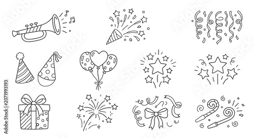 Hand-drawn collection of 10 festive doodle illustrations showcasing confetti explosions