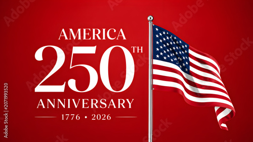 A commemorative graphic for the United States 250th anniversary, featuring the text 1776-2026 and a waving American flag against a solid red background.