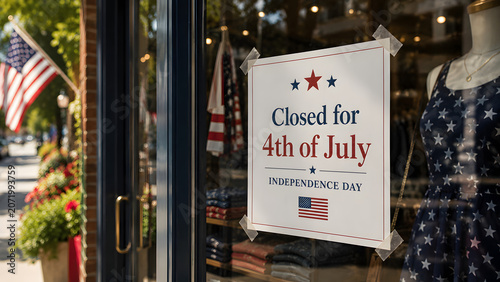 A sign on a store window announcing that the business is closed for the 4th of July Independence Day holiday, with an American flag visible in the background.