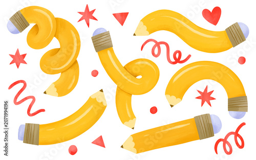Fotografija Hand drawn bendy yellow pencils illustration school elements clip art set with r