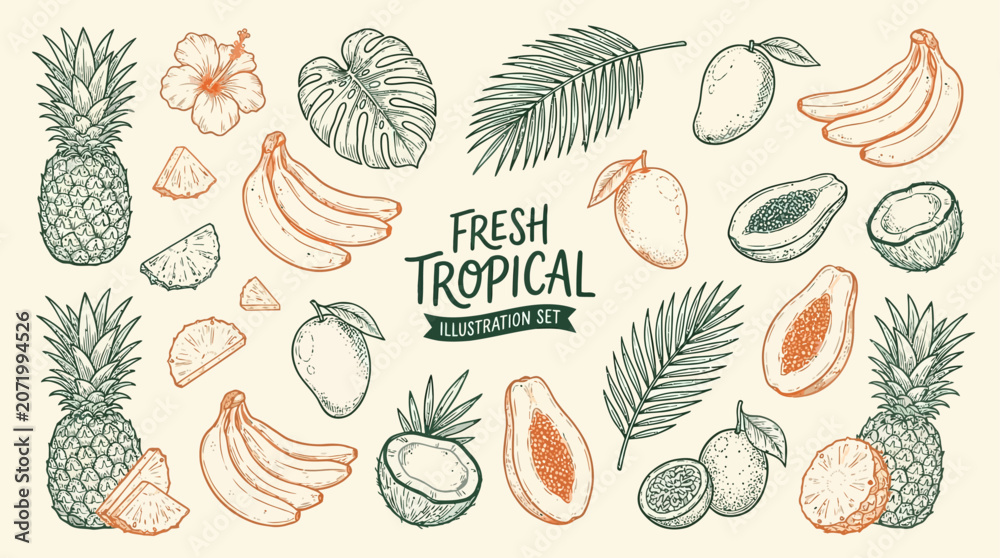 Fototapeta premium Vibrant tropical botanical pattern featuring lush green palm leaves and exotic jungle foliage on a crisp white background, ideal for summer textile design and elegant fabric printing.