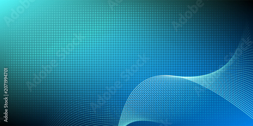 Abstract Blue Digital Technology Background With Grid Pattern, Flowing Wave Lines And Network Data