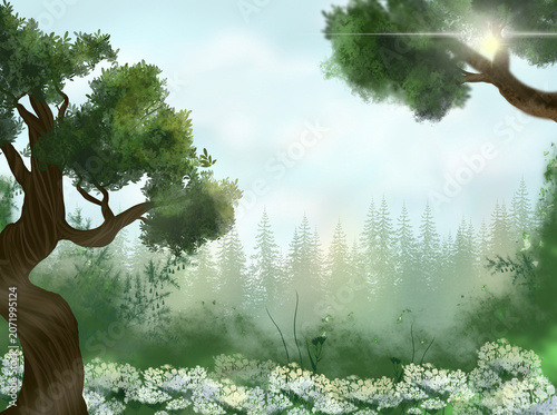 Dreamy forest landscape featuring majestic trees, soft morning mist, wildflowers and glowing sunlight. Atmospheric nature illustration ideal for backgrounds, storytelling and fantasy themes.