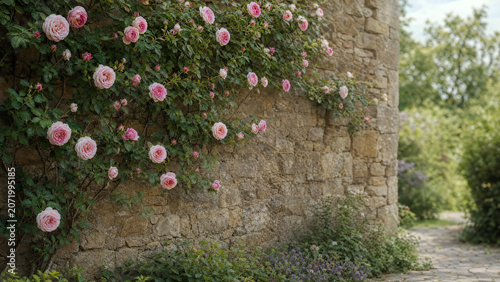 A serene scene featuring blooming pink roses climbing a rustic stone wall, surrounded by lush green foliage and a tranquil pathway.