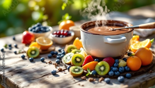Gourmet chocolate fondue with fruit dipping platter, luxury dining concept