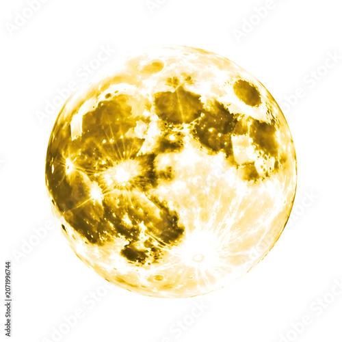 Stylized yellow full moon with craters and glowing effect, isolated on transparent background.