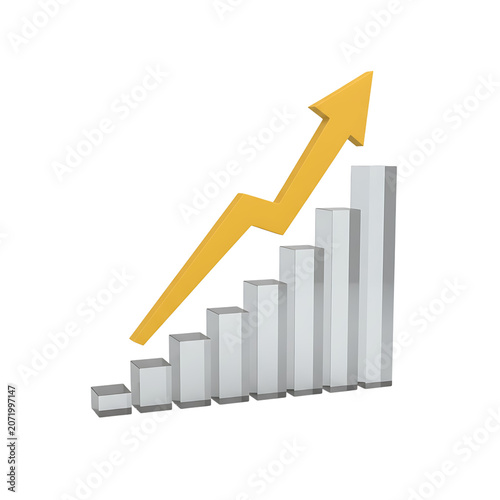 Yellow arrow graph showing upward trend, isolated on transparent background for business growth.