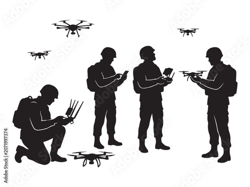 Vector Silhouettes of Soldiers Controlling Drones in Tactical Environment