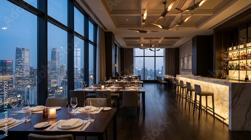 Luxury Restaurant Interior with City Skyline Views