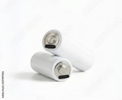 Batterie stilo AA ricaricabili bianche con porta USB-C su sfondo bianco, concetto di energia pulita