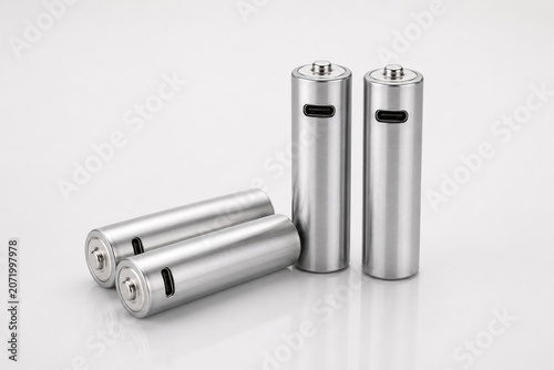 Batterie stilo AA ricaricabili color argento metallizzato con ingresso USB-C e cavo di ricarica, design moderno ed ecologico.