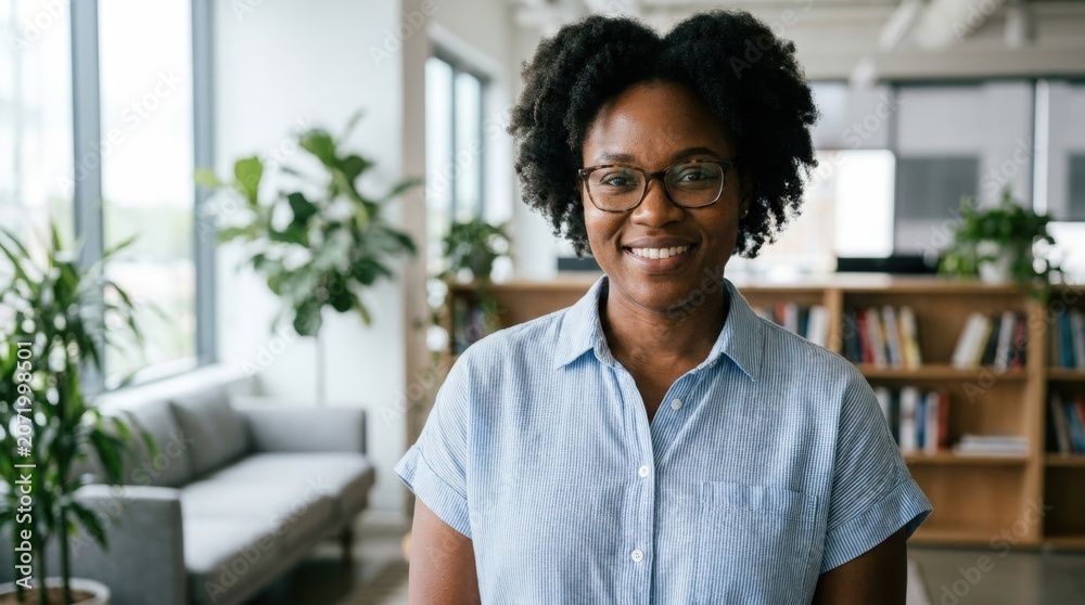 Fototapeta premium Confident woman smiling in modern office space.