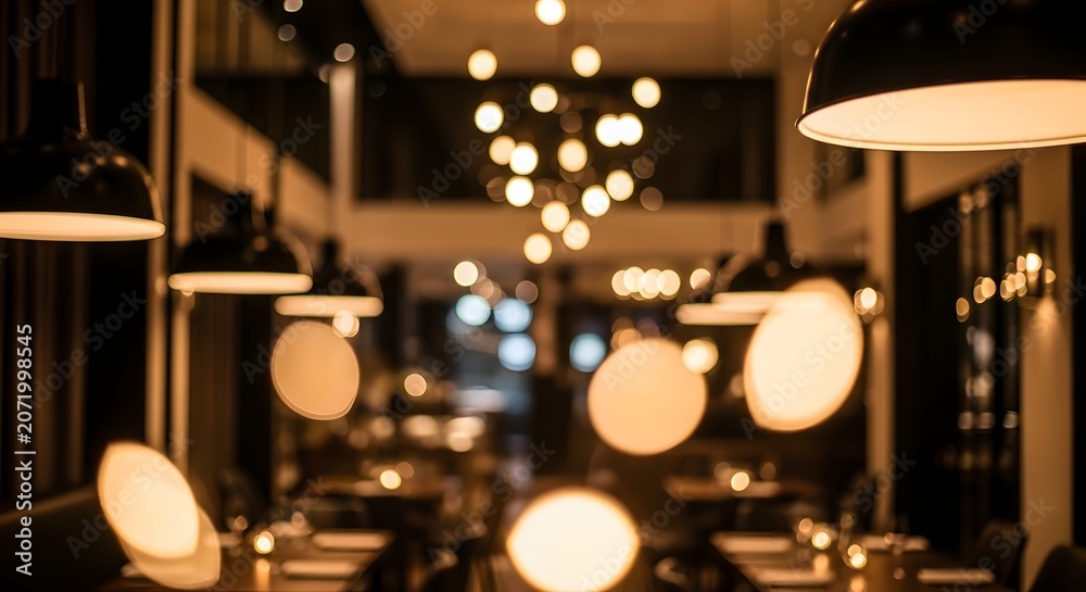 Obraz premium Restaurant Interior Featuring Warm Pendant Lighting