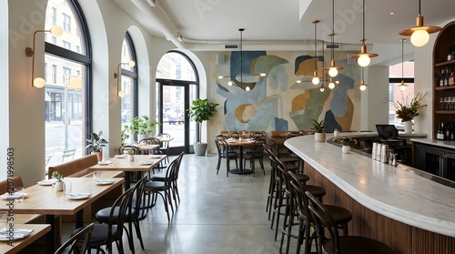 Modern Restaurant Interior Featuring Minimalist Bar Seating