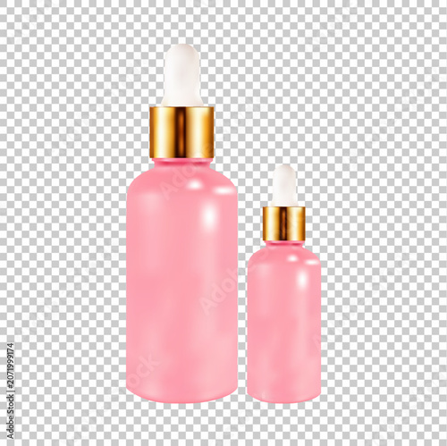 Realistic Pink Serum Dropper Bottle Gradient Mesh Vector | Skincare Cosmetic Bottle Mockup | Beauty Product Container Isolated Transparent Background